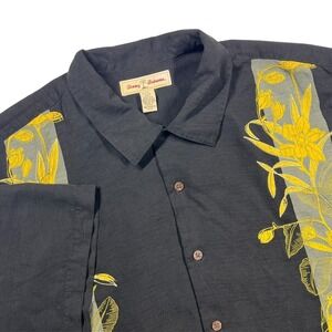 Tommy Bahama Silk Hawaiian Shirt Men's 3XB Black Embroidered Floral Resort Beach